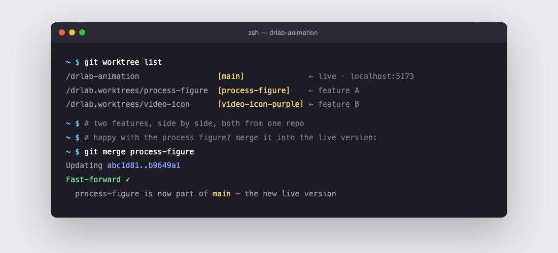 Terminal showing two worktrees and a git merge